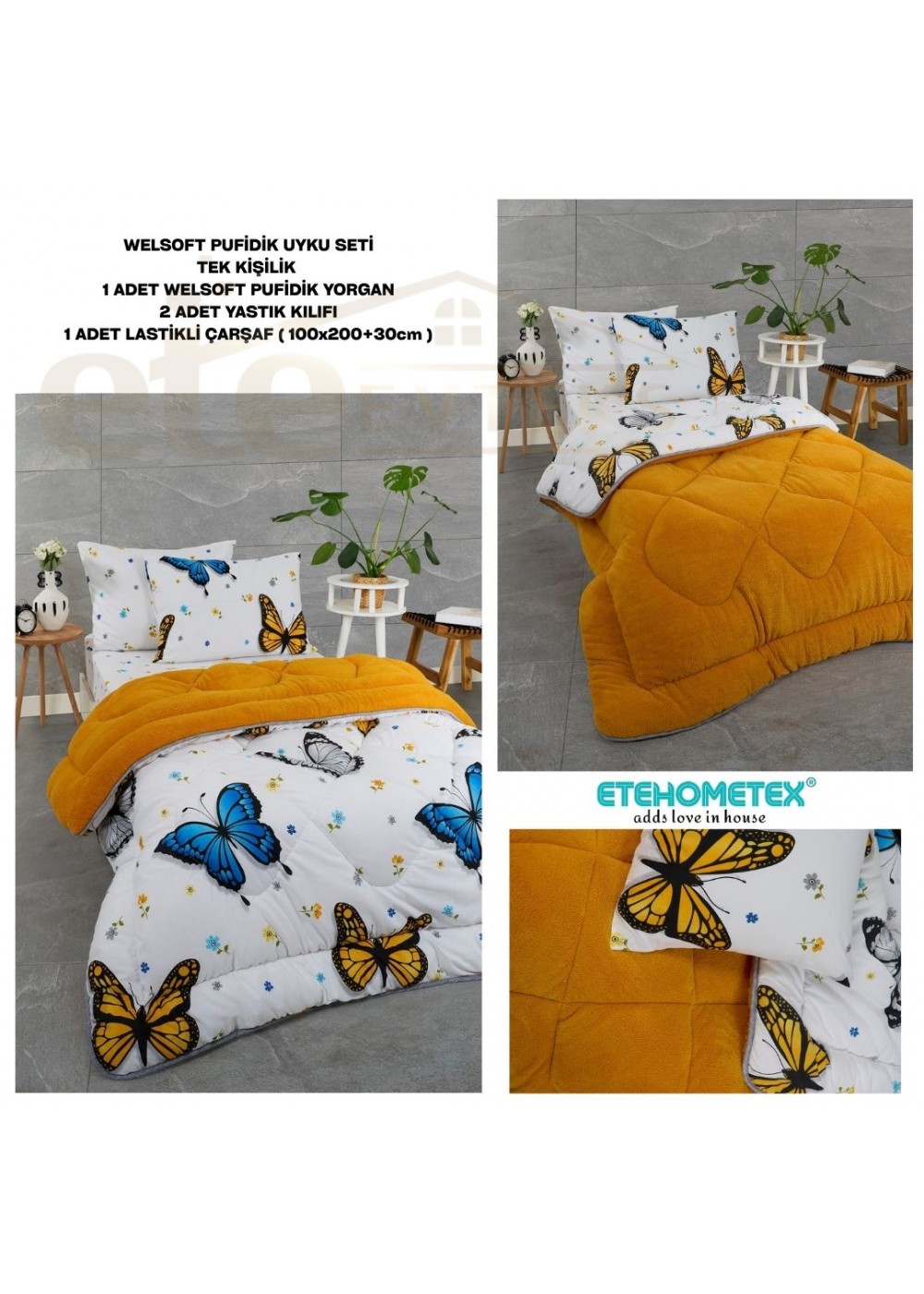 ETE HOMETEX TEK KİŞİLİK WELSOFT UYKU SETİ KELEBEK HARDAL 8696474232012